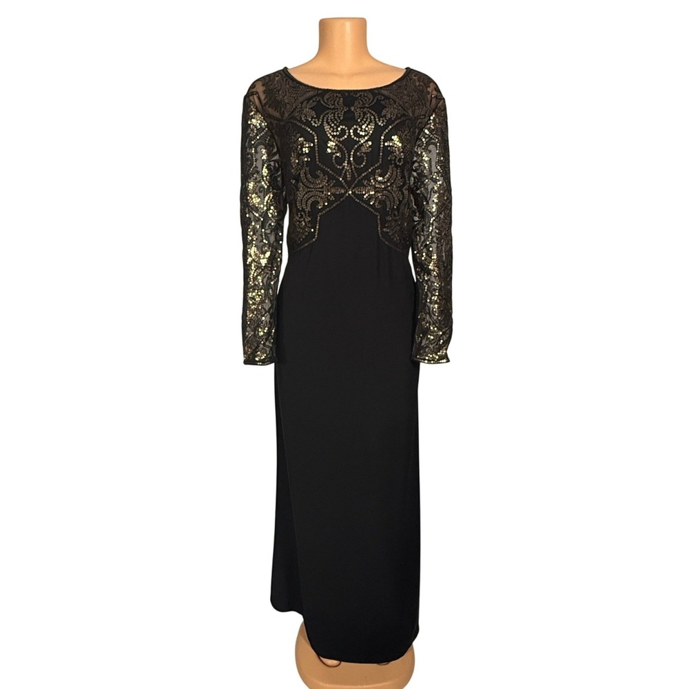 Tadashi Shoji Too Evening Gown Womens 16Q Black Gold Sequin Formal Maxi Dress EX